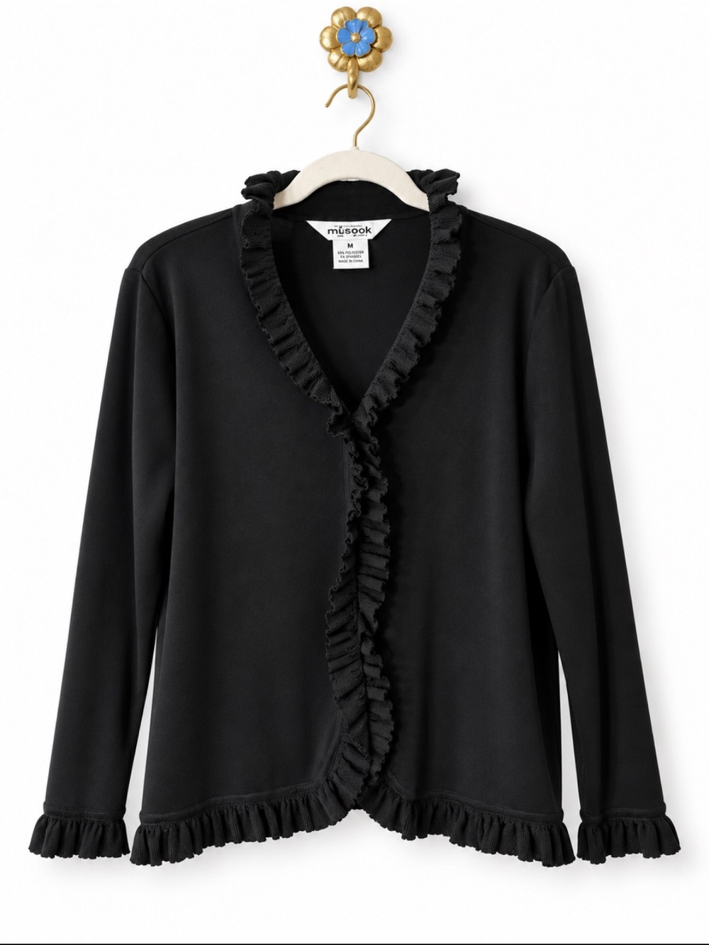 Missook Ruffle Trim Cardigan in Black Size Large